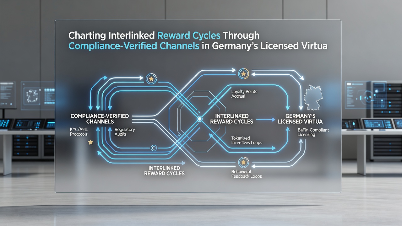 Illustration von Compliance-verifizierten Zahlungswegen und Belohnungsverknüpfungen in virtuellen deutschen Arenen