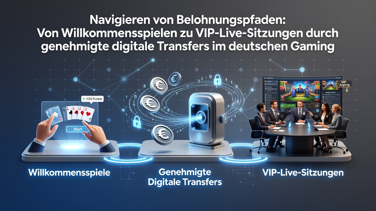 Illustration der Belohnungspfade von Willkommensboni zu VIP-Live-Sessions in deutschen Casinos mit Fokus auf digitale Transfers