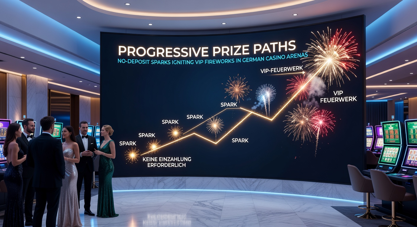Visuelle Darstellung einer VIP-Leiter mit No-Deposit-Start, steigenden Belohnungen und Feuerwerks-Effekten in Casino-Design