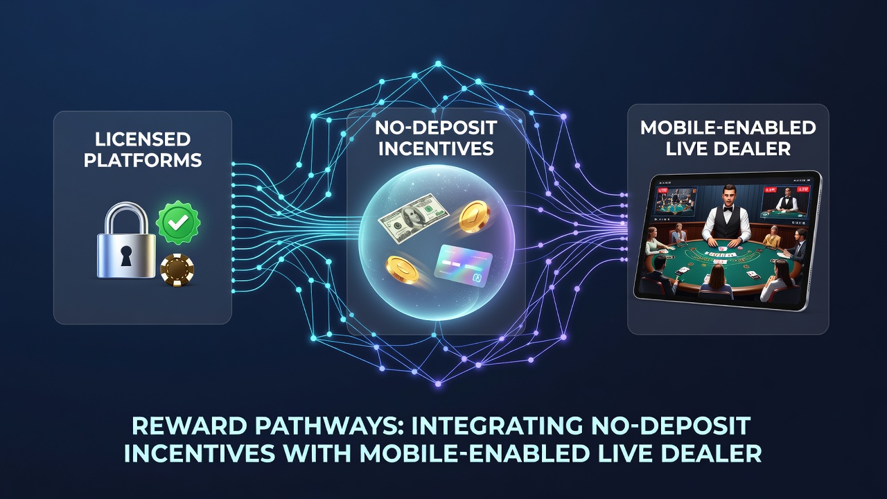Illustration mobiler Live-Dealer-Integration mit Bankensystemen und No-Deposit-Boni