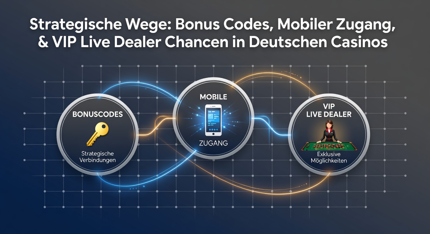 Strategische Wege zwischen Bonus-Codes, mobilen Zugängen und VIP-Live-Dealer-Optionen in deutschen Casinos visualisiert durch vernetzte Symbole und Casino-Elemente
