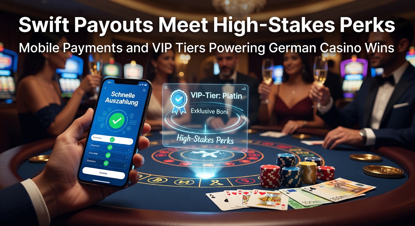 Smartphone mit Casino-App und blitzschnellen Zahlungsikonen, umgeben von Gewinnsymbole und VIP-Symbolen