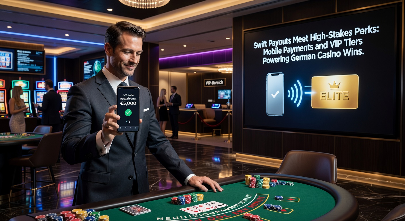 VIP-Lounge-Szene mit goldenen Chips, Smartphone-Zahlungen und Uhrwerk-Symbolen für schnelle Auszahlungen in einem luxuriösen Casino-Setting