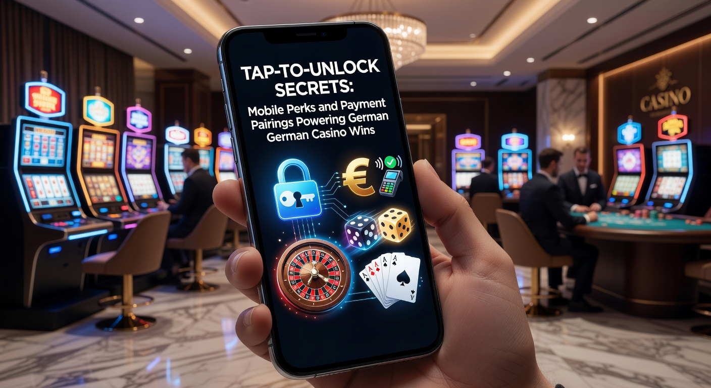 Smartphone mit Tap-to-Unlock-Funktion in einem Online-Casino-App, umgeben von Gewinnsymbolen und Zahlungsmethoden-Icon